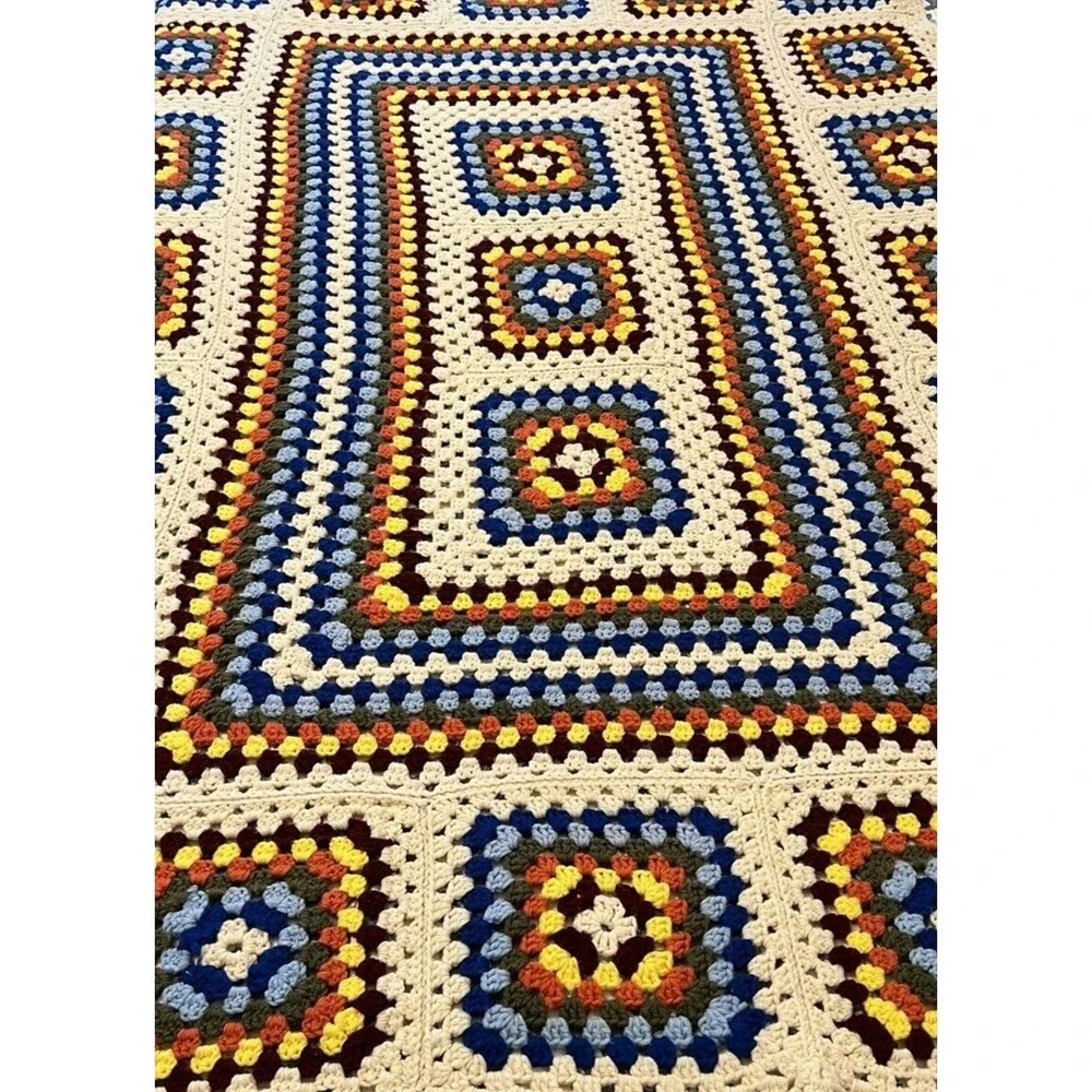Grandma Decor Square Handmade‎ Crochet Quilt Afghan Throw Colorful Cream Border